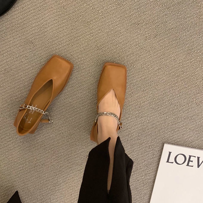 Giày Da Mũi Vuông Đế Bằng Phong Cách Pháp Cho Nữ