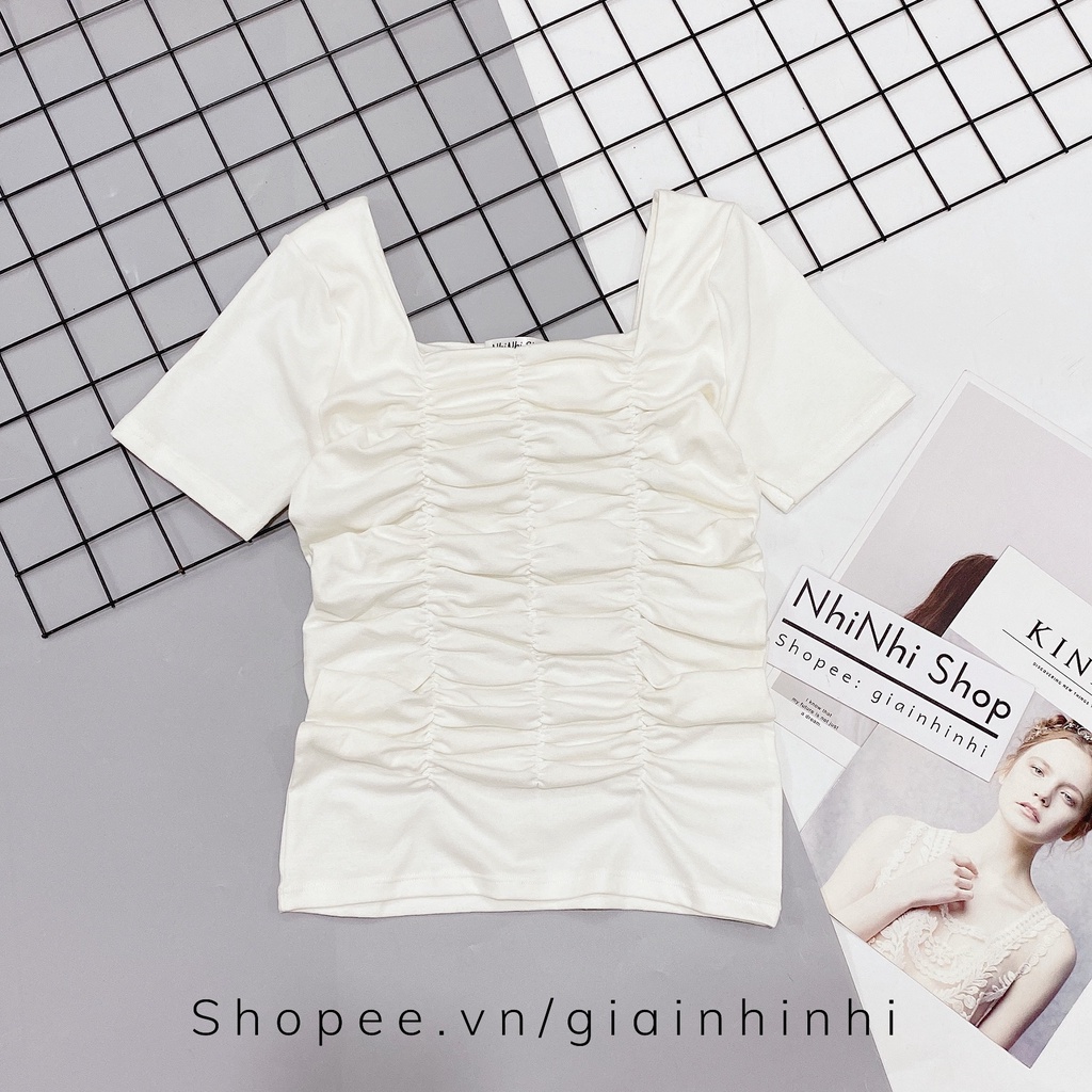 Áo kiểu dáng ôm ngắn tay cổ U, Áo thun ôm rúm thân cổ vuông tôn dáng vải thun trơn co giãn AS6516 - NhiNhi Shop