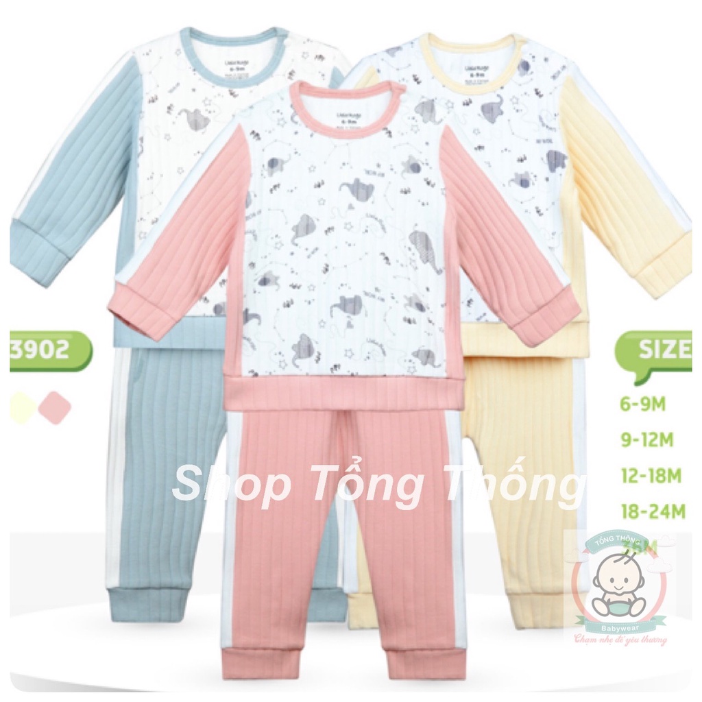Bộ Uala Rogo Cotton dài tay cài vai voi nhí quần trơn gân cao cấp thấm hút tốt cho bé trai bé gái 3902