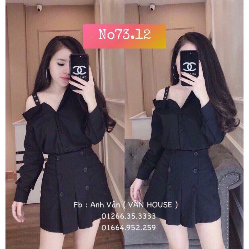 Set áo sơ mi hở 1 bên vai và chân váy xinh xắn