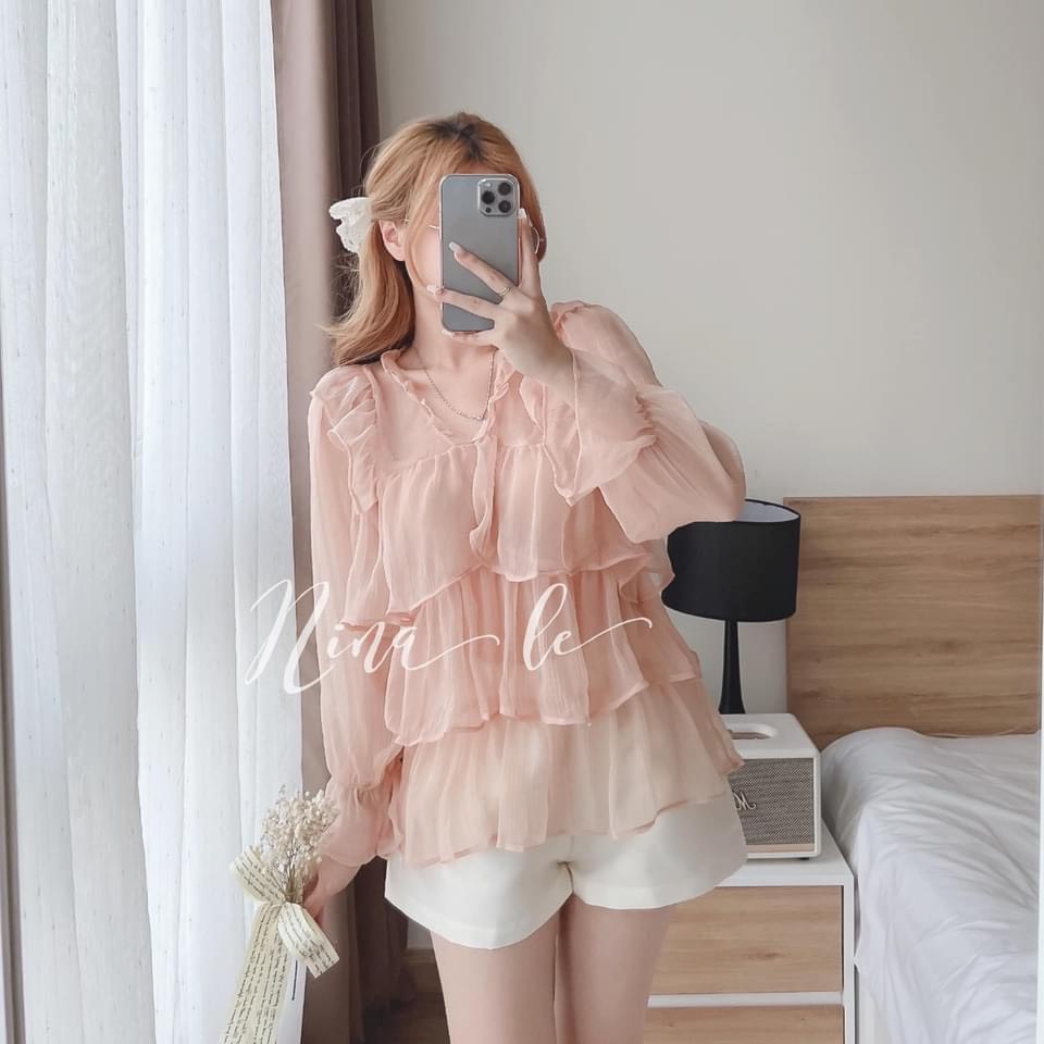 Set áo bèo tầng trễ vai mix quần tacta dễ thương sét bộ nữ bánh bèo xinh xắn LD140