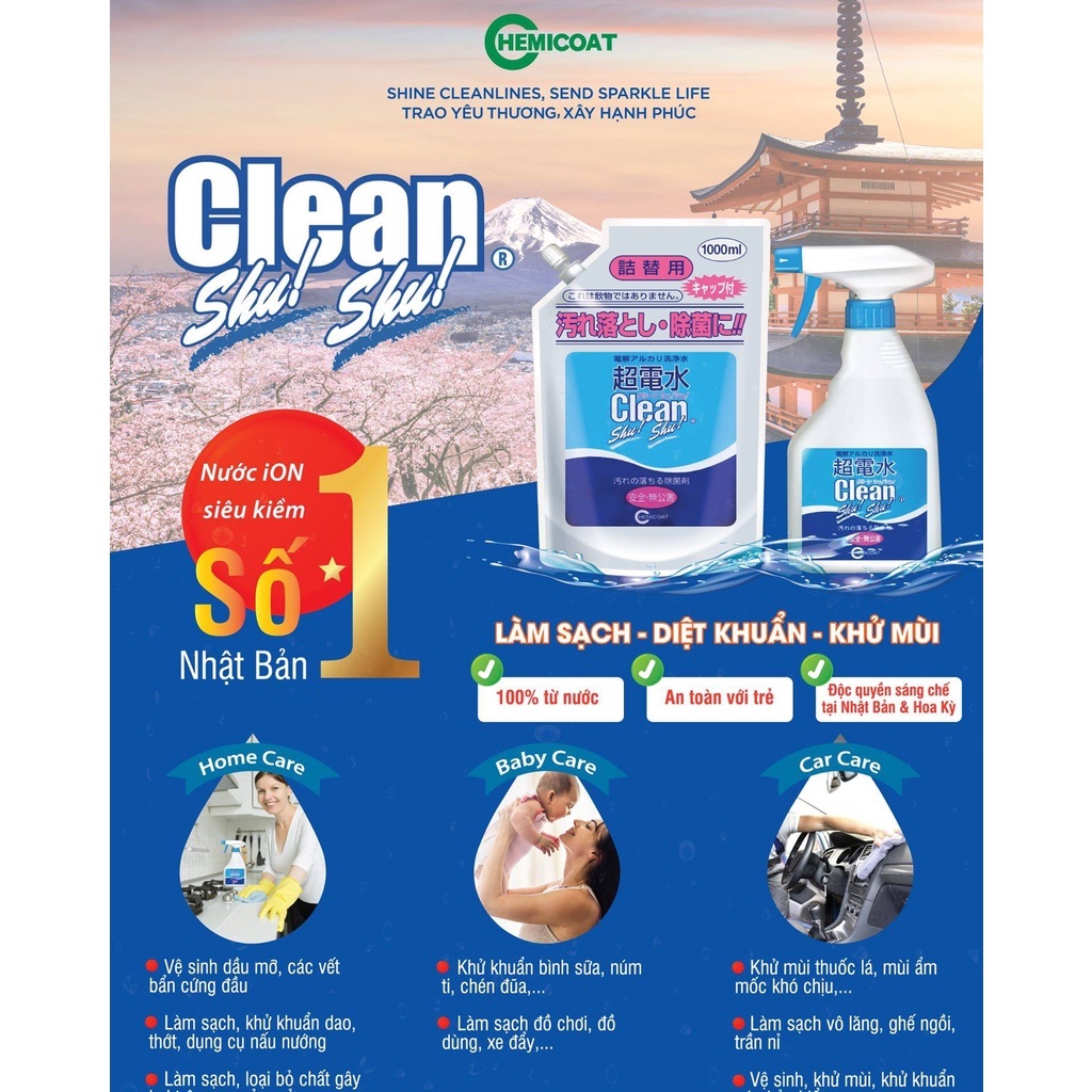 BÌNH XỊT VỆ SINH KHỬ MÙI NỘI THẤT XE CLEAN SHU! SHU! 500 mL NƯỚC ION KIỀM DIỆT KHUẨN NHẬP KHẨU NHẬT BẢN