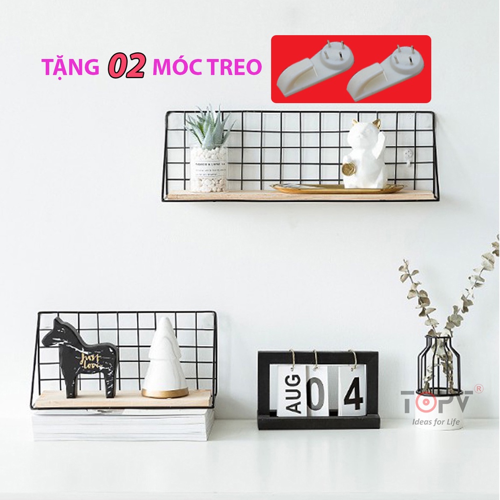 Kệ sắt đáy gỗ treo tường TopV khung lưới sơn tĩnh diện gắn tường decor trang trí nhà cửa phòng khách phòng làm việc cafe