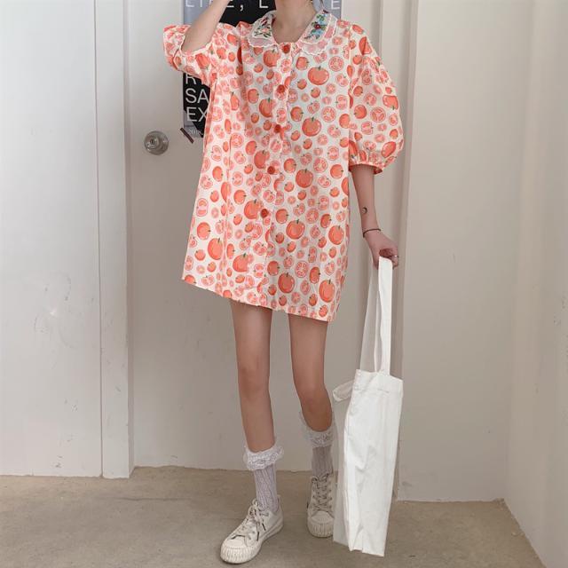 Áo sơ mi cổ búp bê tay phồng thêu họa tiết thời trang đáng yêu