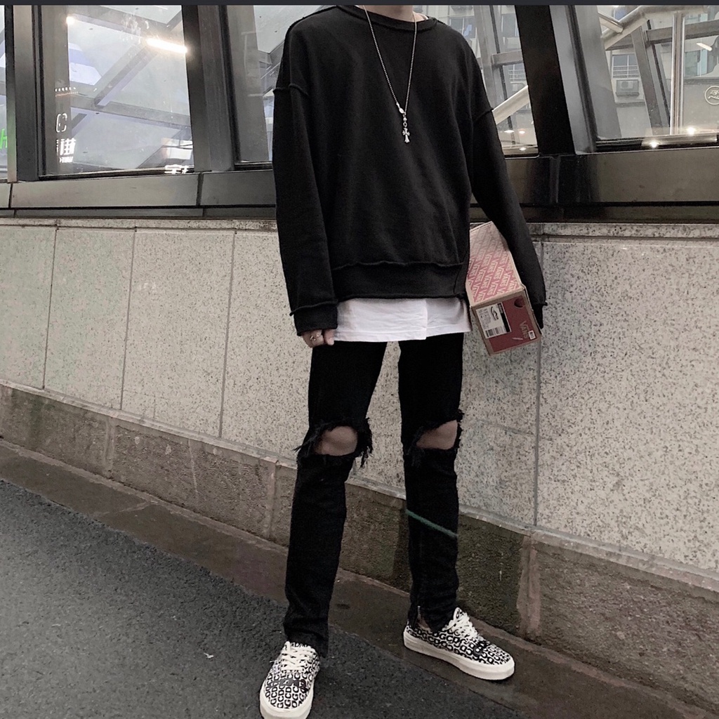 Quần Jean Đen Rách Gối Nam Nữ Kiểu Dáng Slimfit Siêu Chất