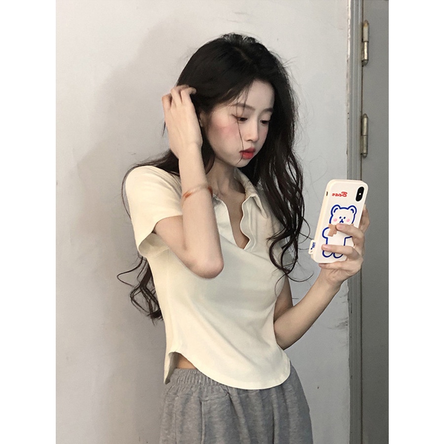 Áo croptop ZHELIHANGFEI cổ polo tay ngắn thiết kế độc đáo thời trang quyến rũ dành cho nữ