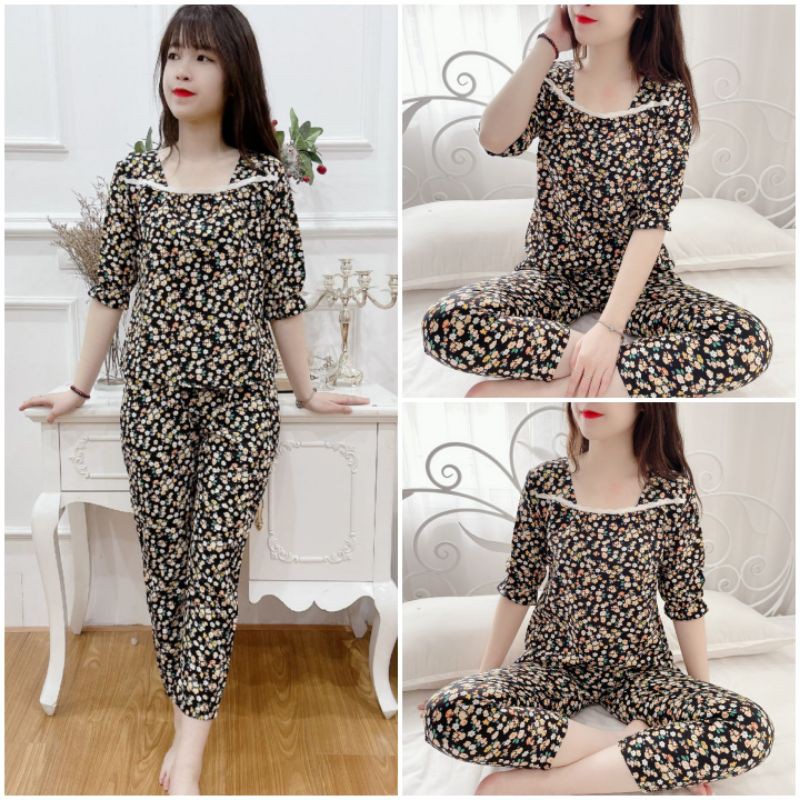 Đồ bộ mặc nhà, mặc sau sinh cổ vuông vải lụa mềm mịn