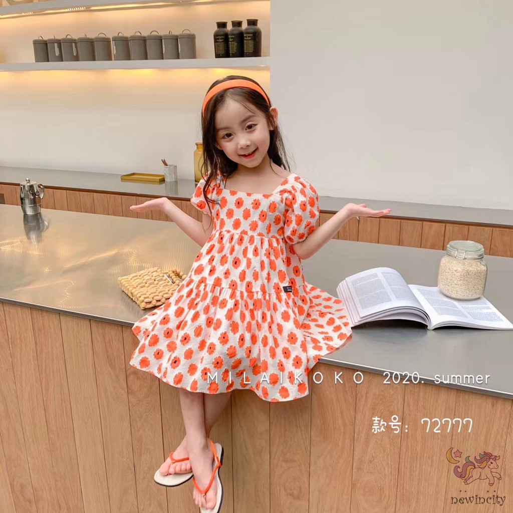 Đầm Tay Phồng Họa Tiết Hoa Cúc Xinh Xắn Cho Bé Gái