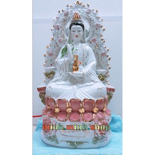 Tượng Mẹ Quan Âm ngồi sen, hào quang đèn 16 inch + Khuyến mãi bộ giấy tiền cúng Mẹ Quan Âm