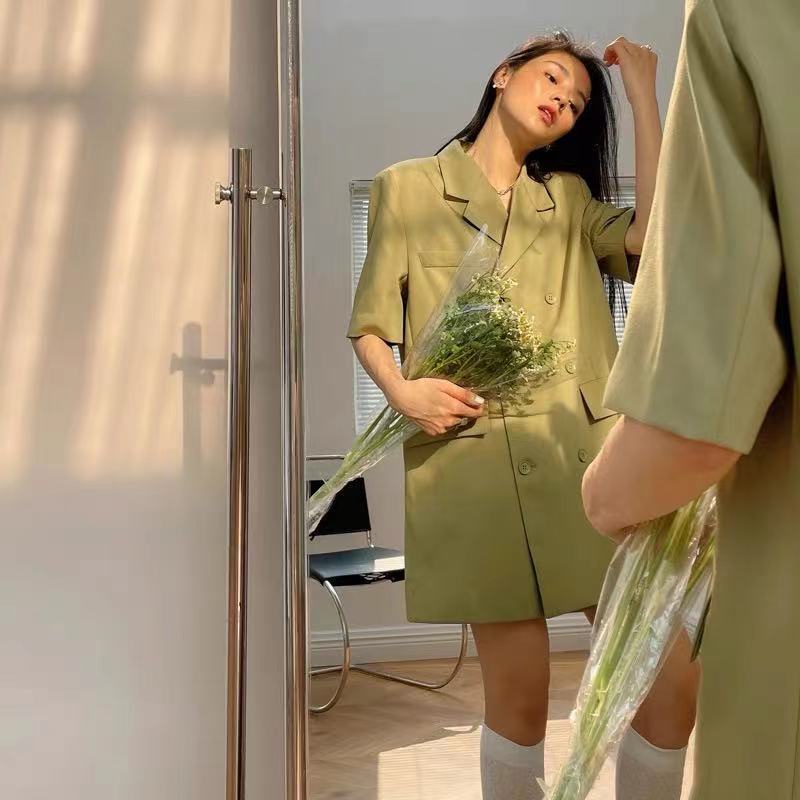 AMOI Đầm Ngắn Phối Hai Hàng Nút Phong Cách Retro Cao Cấp