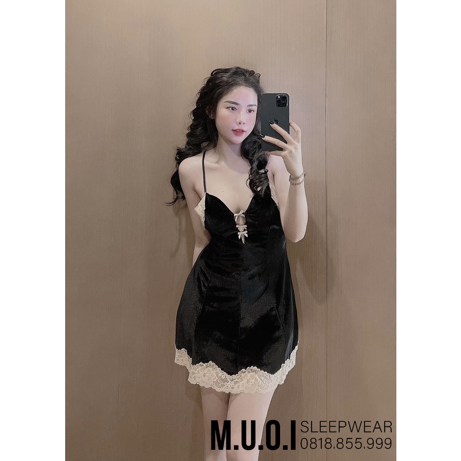 Váy ngủ 2 dây lụa nhung cao cấp đầm ngủ dễ thương mặc nhà gợi cảm quyến rũ Sx 185  - Muối Sleepwear