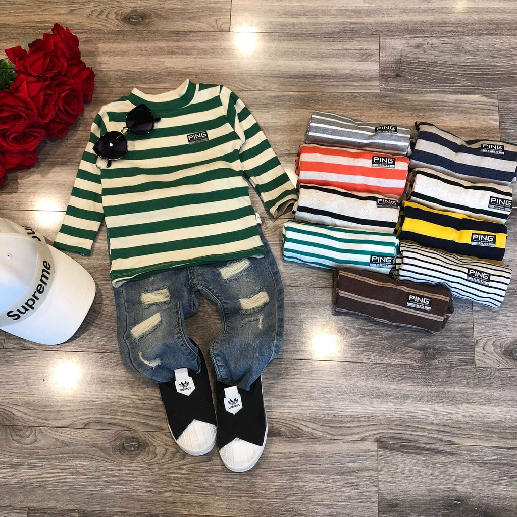 SET 4 ÁO cotton len kẻ cổ 3 phân cho bé trai, bé gái