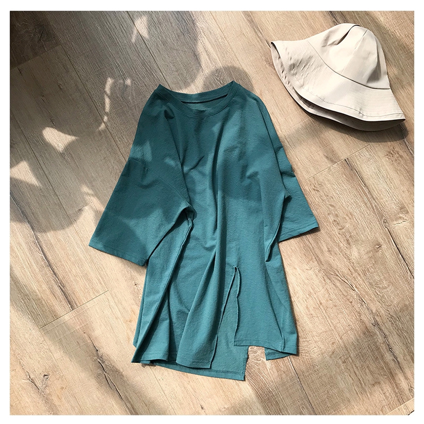 SUXI Áo Thun Tay Ngắn Cổ Tròn Màu Trơn Xẻ Tà Phong Cách Hàn Quốc