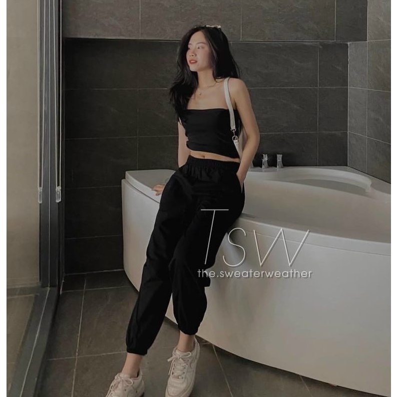 Quần thể thao nữ cạp chun dáng bom bo gấu chất vải đũi mát nhẹ dài Quần jogger nữ dây rút cá tính mặc mùa hè đi học làm