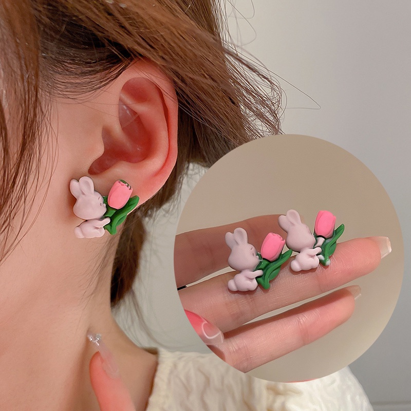 Bông Tai Hình Hoa Tulip/ Thỏ Hồng Kiểu Nhật Hàn Dễ Thương