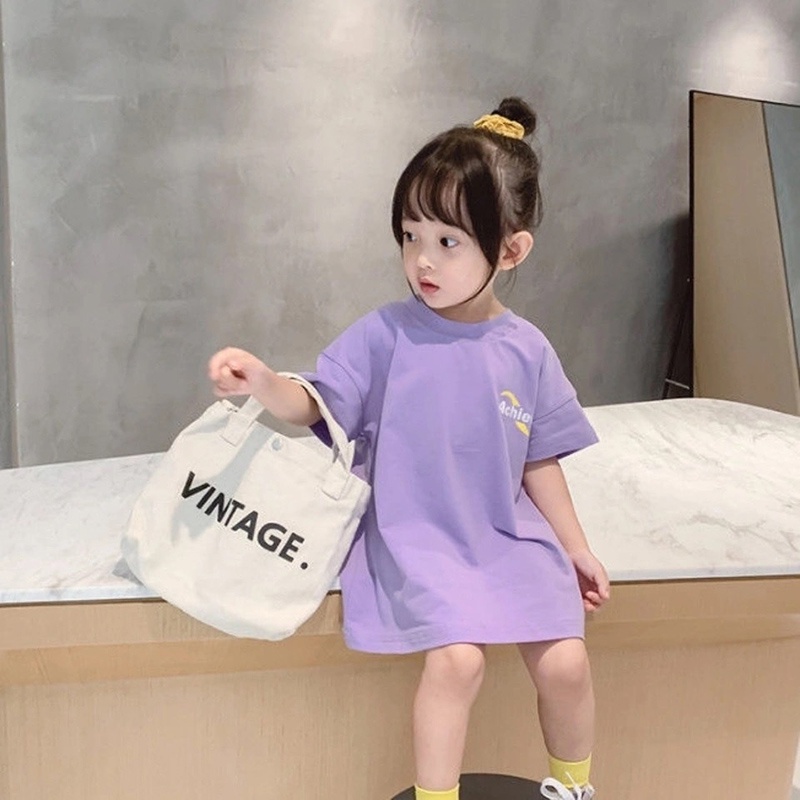 Áo đầm cotton IELGY dành cho bé gái thiết kế tay ngắn in chữ phù hợp nhiều phong cách