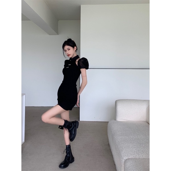 Đầm Thun Đen Tay Phối Cổ Tàu