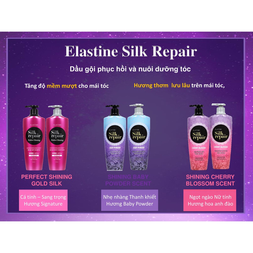 Bộ đôi gội xả chăm sóc và nuôi dưỡng tóc Elastine Silk Repair - Hương Phấn Em Bé