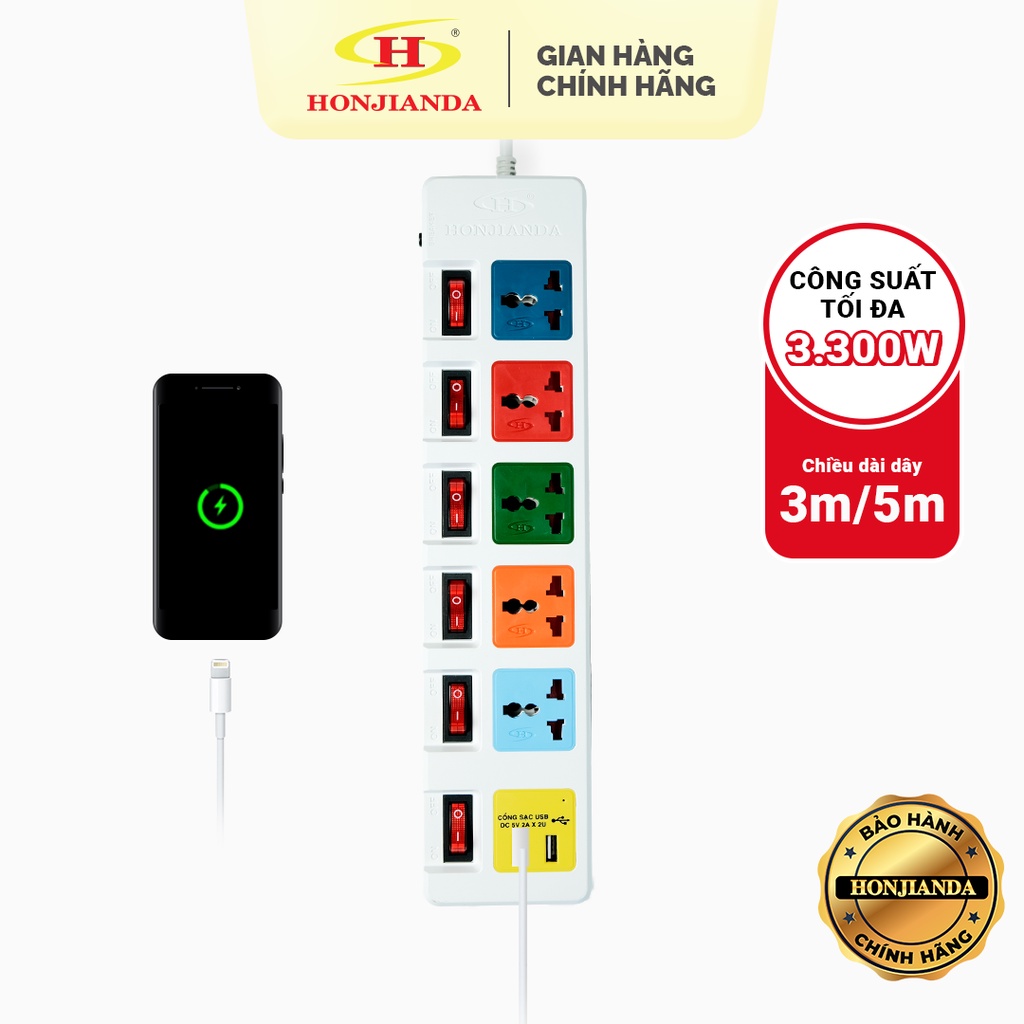 Ổ cắm điện đa năng Có USB Honjianda Mã 06 Nhiều công tắc Dây 3m/5m - an toàn chống quá tải