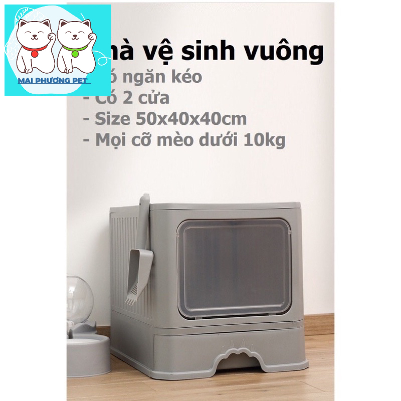 Nhà vệ sinh cho mèo VUÔNG có ngăn kéo khép kín có cửa vào ra riêng chống văng cát kèm xẻng