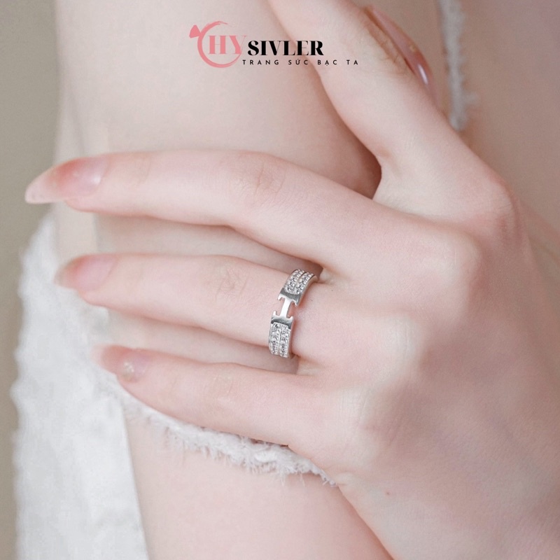 Nhẫn bạc ta chữ H dày đính 2 hàng đá chắc chắn nhẫn nữ bạc thật giá rẻ CHY SILVER