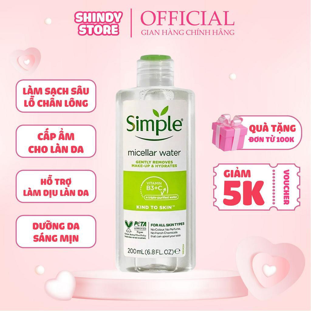 Nước tẩy trang simple 200ml Làm thông thoáng và sạch sâu lỗ chân lông, giúp làn da tươi mát giúp cấp ẩm cho da