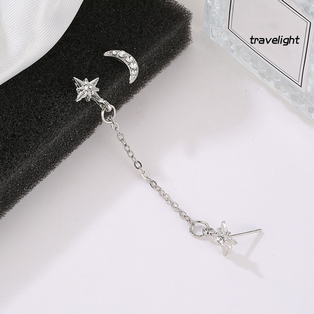 【TL】2Pcs Women Rhinestone Inlaid Crescent Moon Star Charm Chain Ear Studs Jewelry