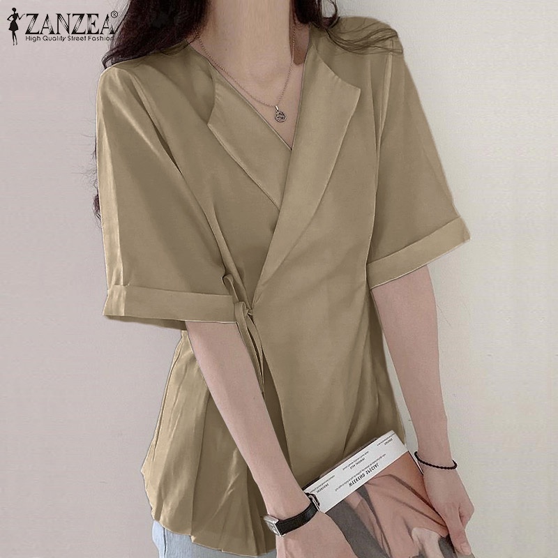 Áo ZANZEA tay ngắn màu trơn buộc dây ôm phong cách thời trang Hàn