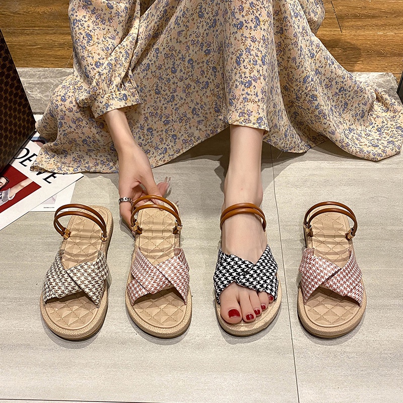 Giày sandal IELGY đế bằng phối sọc caro phong cách Hàn Quốc cho nữ