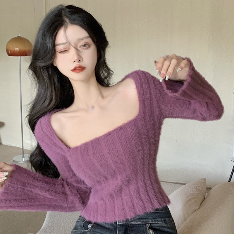 Áo Croptop Dệt Kim Tay Dài Cổ Vuông Màu Sắc Trơn Phong Cách Hàn Quốc Thời Trang Cho Nữ