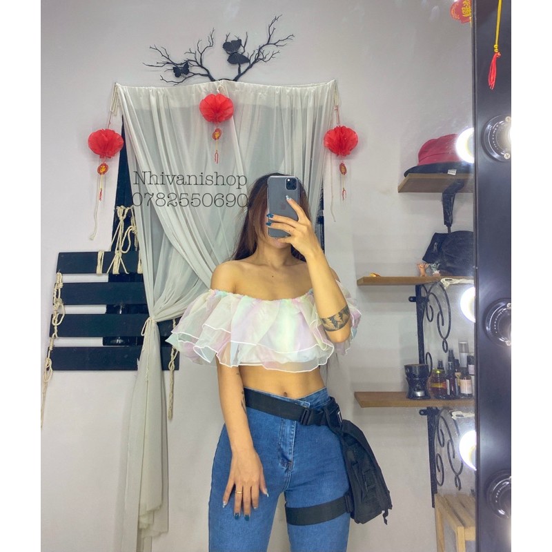 áo trễ vai voan croptop cầu vồng sang chảnh