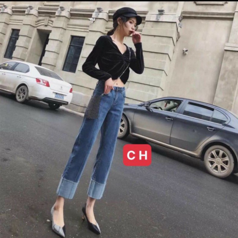 ( Hàng Sẵn) Quần Jeans Nữ Ống Rộng Lật Lai phong cách Hàn Quốc, quần bò gập gấu hai mí giá rẻ