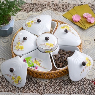 Khay đựng mứt ,bánh kẹo tết kèm khay mây.Đường kính 32cm.Hàng sứ Bát Tràng.