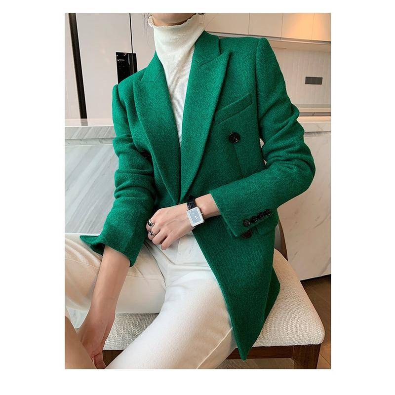 Áo Khoác Blazer Len Xanh Lá Cây Ôm Dáng Vừa Vặn Lưng Cao Cấp Cho Nữ