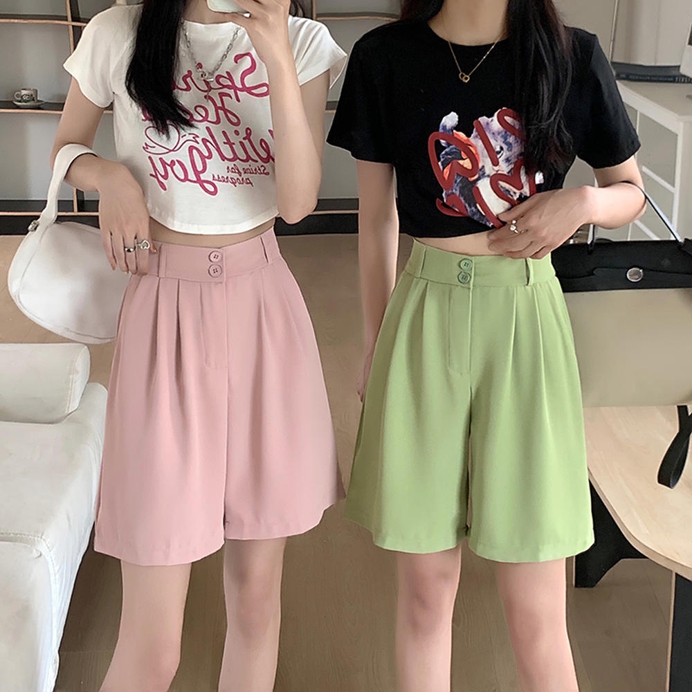 Quần short Peppermint 50562 lưng cao ống rộng co giãn phong cách thời trang mùa hè mới