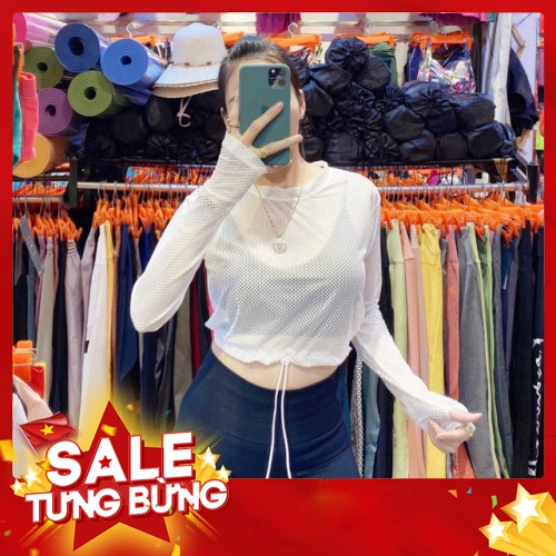 -HÀNG NHẬP KHẨU Croptop Lưới Tập Gym Tay Dài Xỏ Ngón, Dây Rút Eo Liên hệ mua hàng 084.209.1989