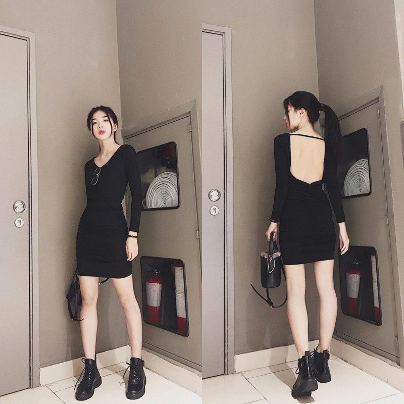 [ẢNH THẬT] Đầm Body Tay Dài Hở Lưng Tinh Tế (ĐEN+XÁM) | BigBuy360 - bigbuy360.vn