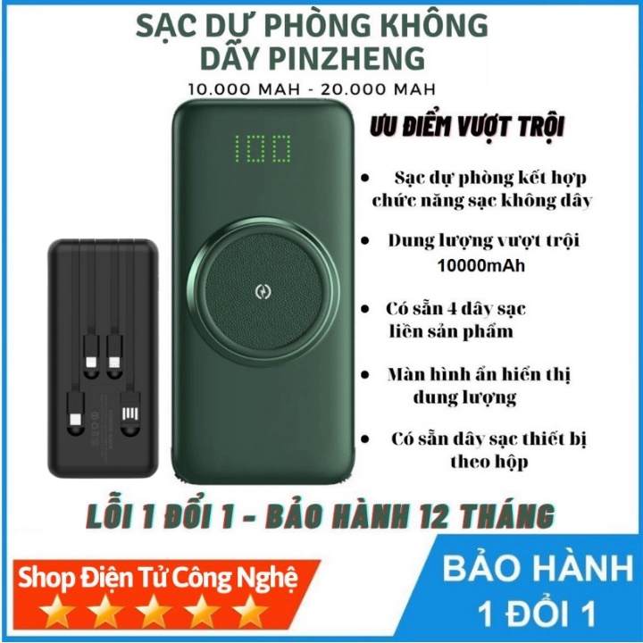 Sạc không dây kiêm sạc dự phòng 4 cổng: USB, Micro, lightning, ty-pe- dung lượng 10000mAh