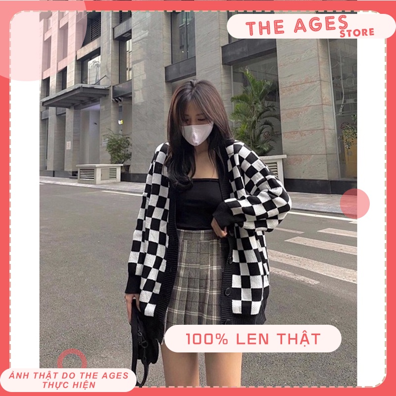 Áo cardigan len dày họa tiết sọc caro, Áo khoác len nữ form rộng 100% được may từ len mềm mịn, dày dặn THE AGES | BigBuy360 - bigbuy360.vn