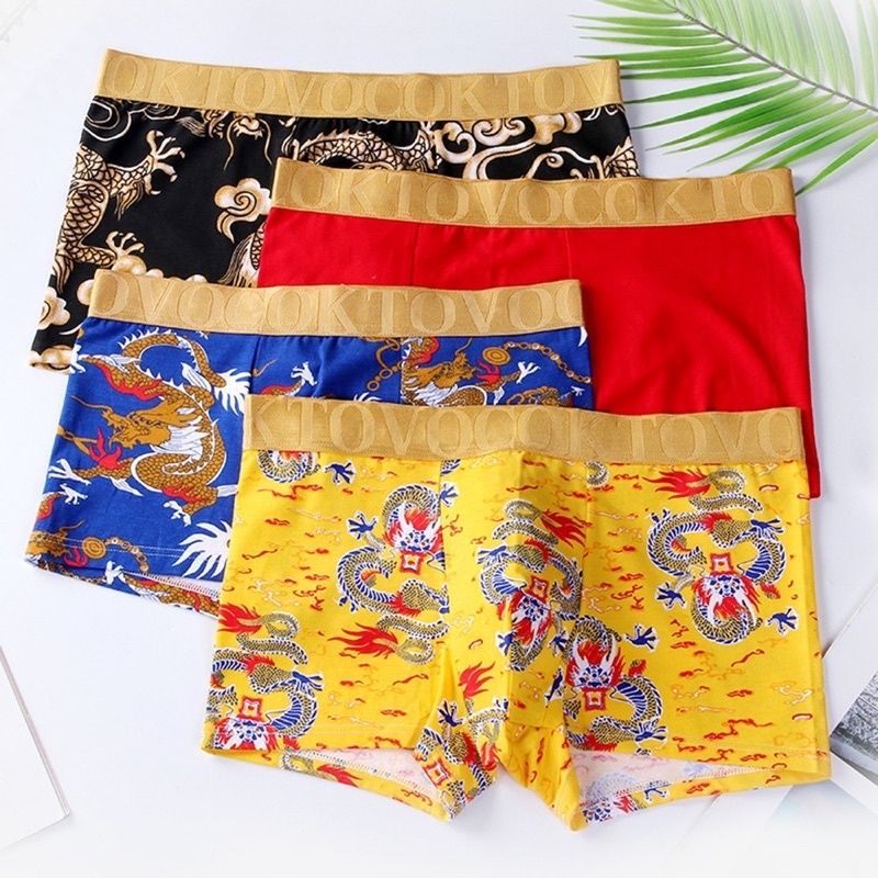 Quần lót nam boxer thun cotton hoạ tiết rồng size L màu vàng
