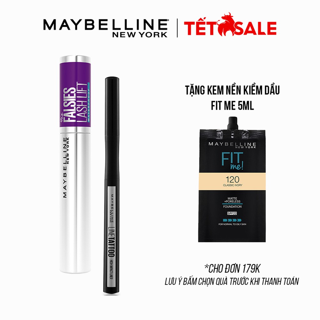 Bộ đôi bút kẻ mắt nước Lâu Trôi 36H Line Tattoo High Impact + Mascara Uốn, Nâng Mi Falsies Lash Lift Maybelline Newyork