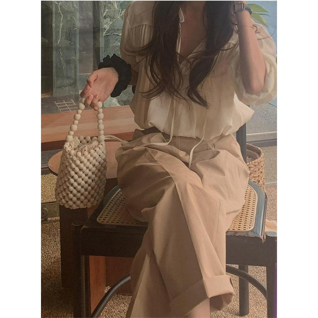 54420 Áo Sơ Mi Dài Tay Dáng Rộng Phối Dây Thắt Phong Cách Hàn Quốc Sành Điệu