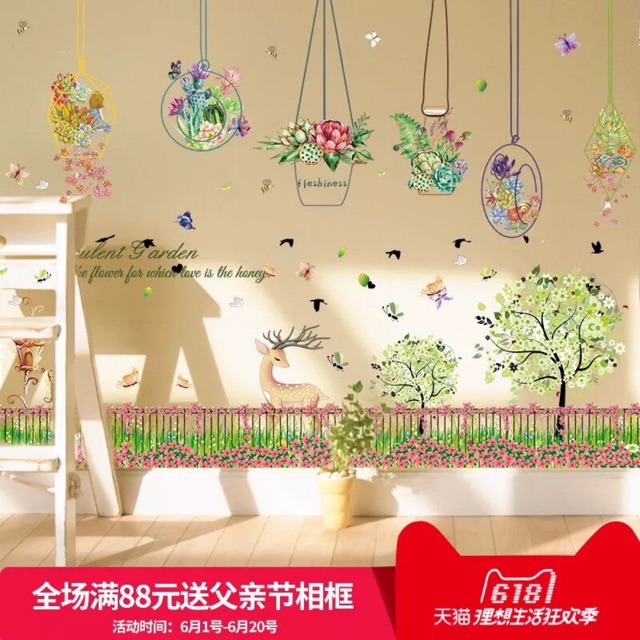 BỘ COMBO DECAL GHÉP ĐÔI dán tường - Nhiều Chậu Cây hiện đại 02 và hàng rào Nai( 2 TẤM )