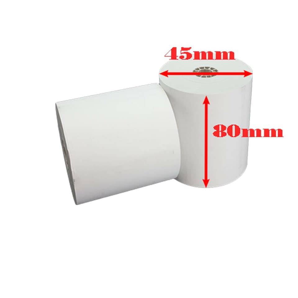 Giấy in Bill nhiệt K80, kích thước 80x45mm, dài 18m, 10 cuộn. Giấy in mực xanh