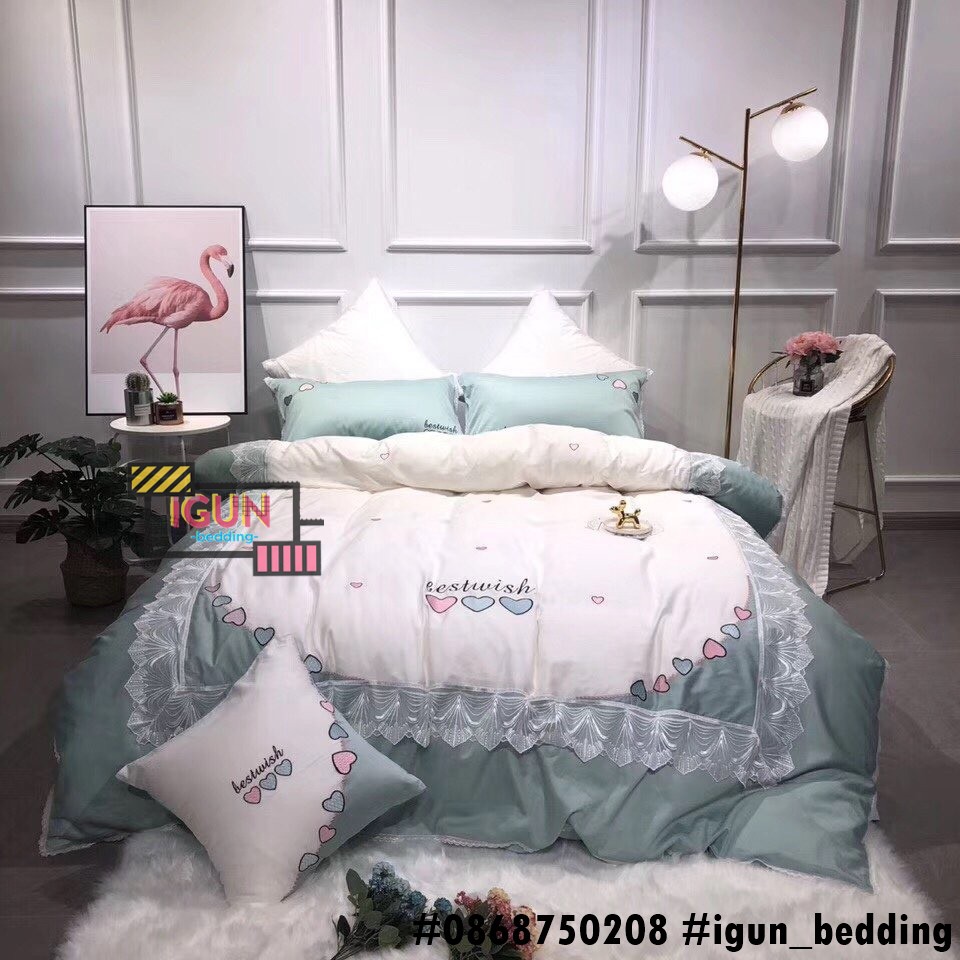 set 3 TRÁI TIM XANH bộ Chăn Ga Gối CƯỚI LỤA thêu cao cấp