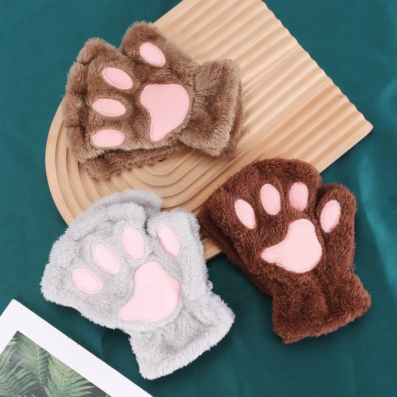 Găng tay hở ngón hình chân mèo gấu dễ thương cho nữ