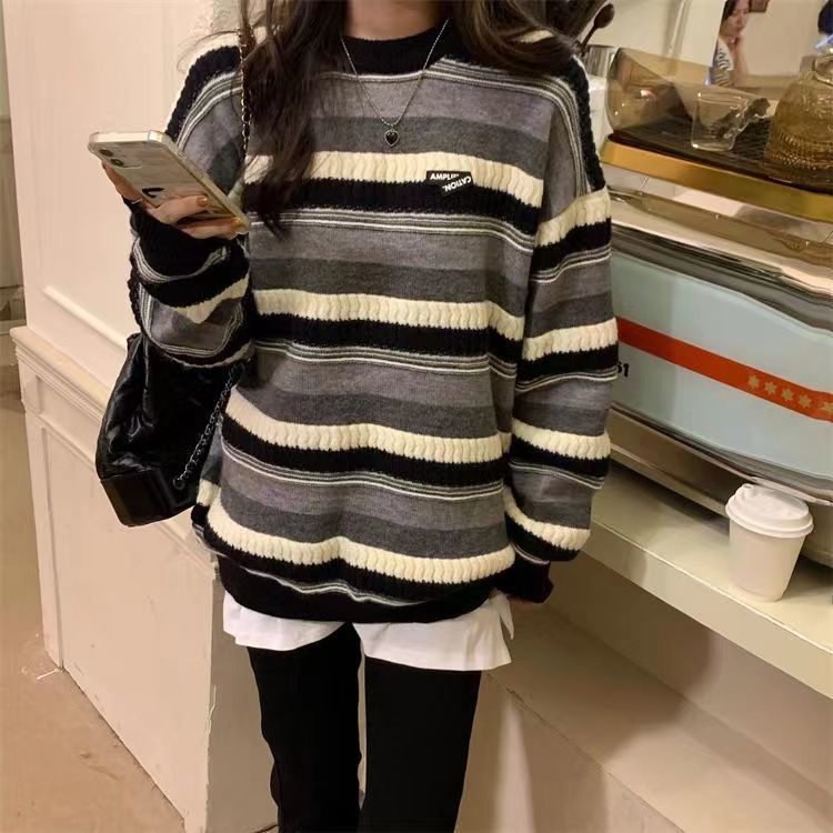 Áo sweater Dày Dáng Rộng Họa Tiết Kẻ Sọc Thời Trang Thu Đông Phong Cách Retro Mới Cho Nữ