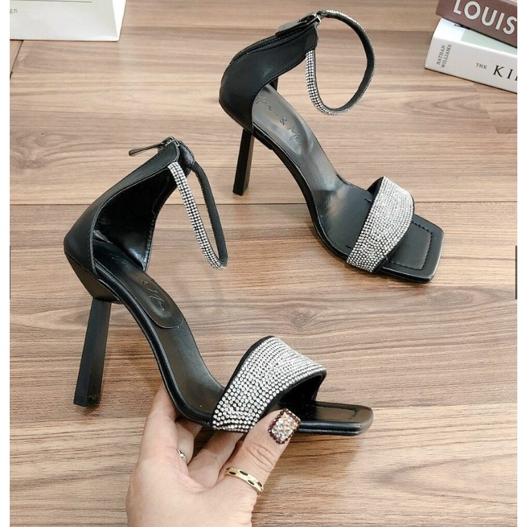 Sandal cao gót nhọn 9p bản quai ngang xoàn đá hàng chuẩn form chất da mềm đẹp