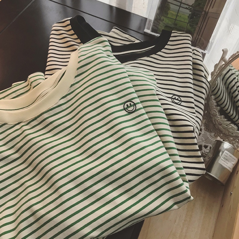 NRVP Áo thun nữ ngắn tay họa tiết sọc ngang phong cách Hàn Quốc