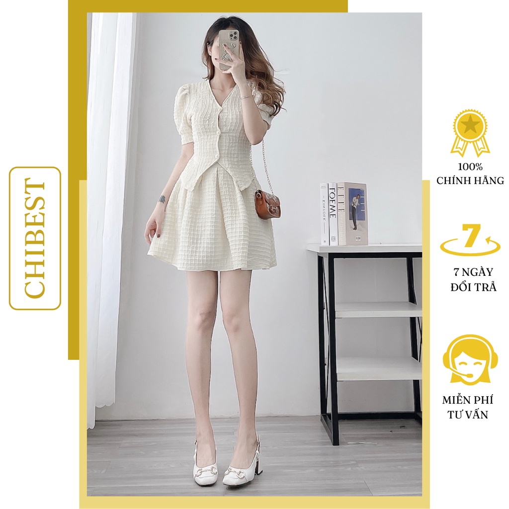 set áo cổ V tay phồng phối nút ngọc kết hợp chân váy xòe chất liệu xốp vuông Sang chảnh HSB73 CHIBEST